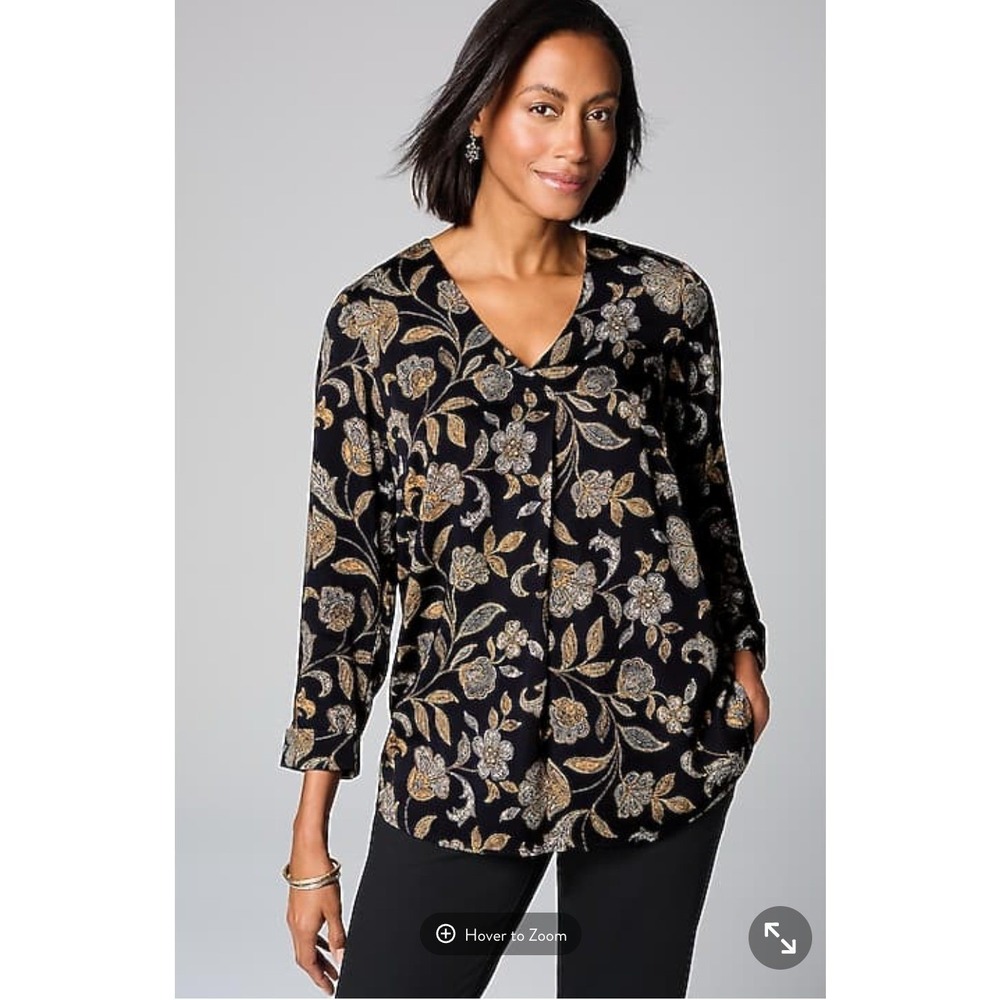 J. Jill Paisley Blouse L Black Floral V-Neck 3/4 Sleeve Viscose Top Boho Earthy